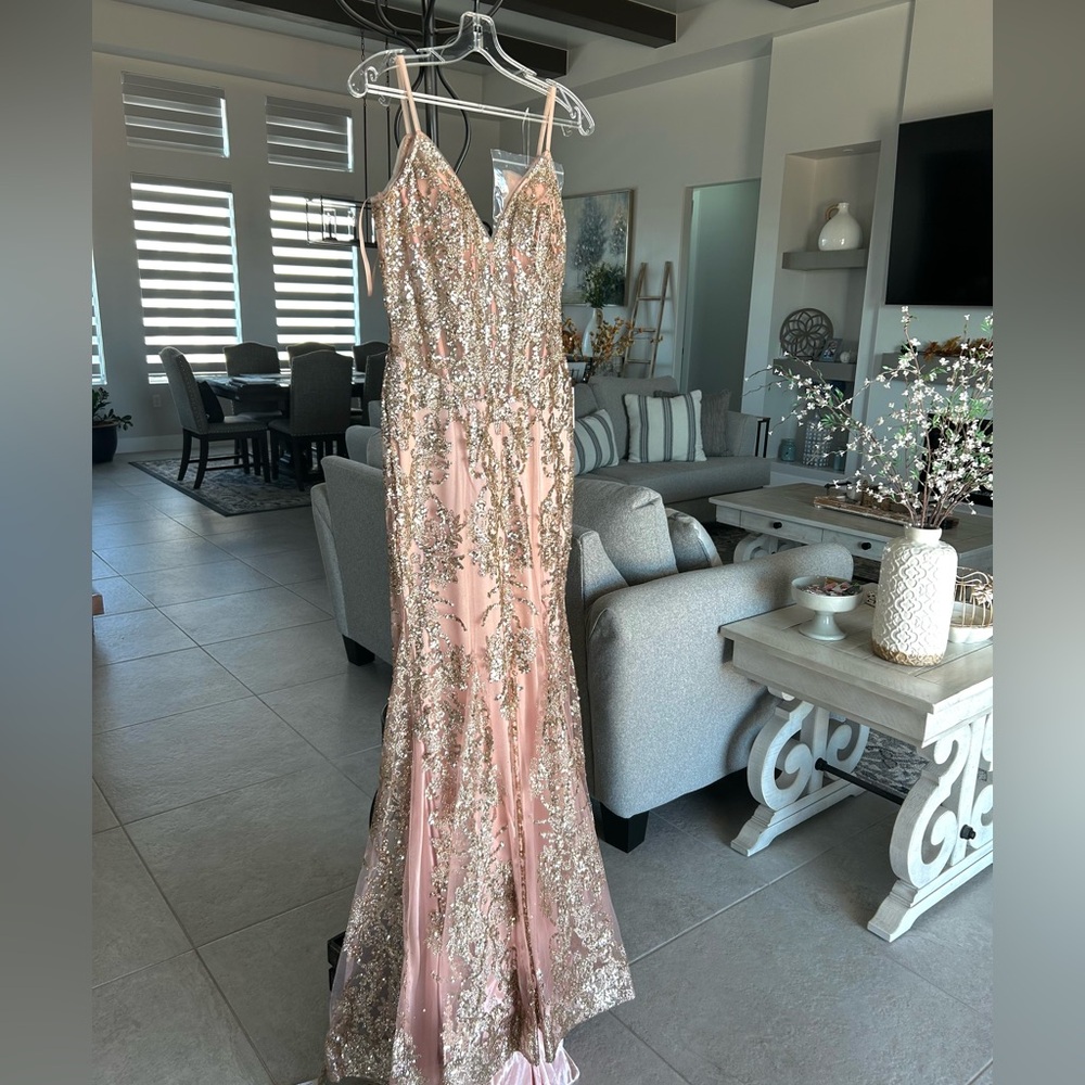 Elegant Pink and Gold Sequin Gown (Ladivine by Cinderella J810 Dress Rose Gold)